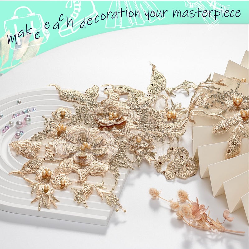 Silvora Colorful Flower Fabric Beaded Lace Applique,3D Embroidered Flower Fabric Patch for Bridal Dress, Handmade Sewing Tool for Wedding DIY Crafts(Gold-1) - Image 4